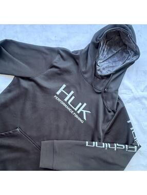 Huk Hoodie Mens Large Black Pullover Fishing Sweatshirt Logo Kangaroo Pocket